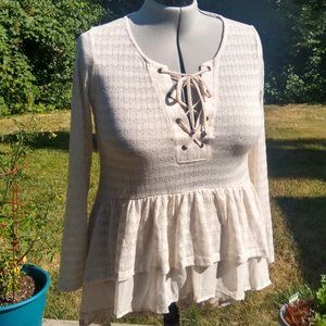 NWT Maurices Plus Size 0X Boho Pullover High-Low Ivory/Cream Linen Tunic/Blouse